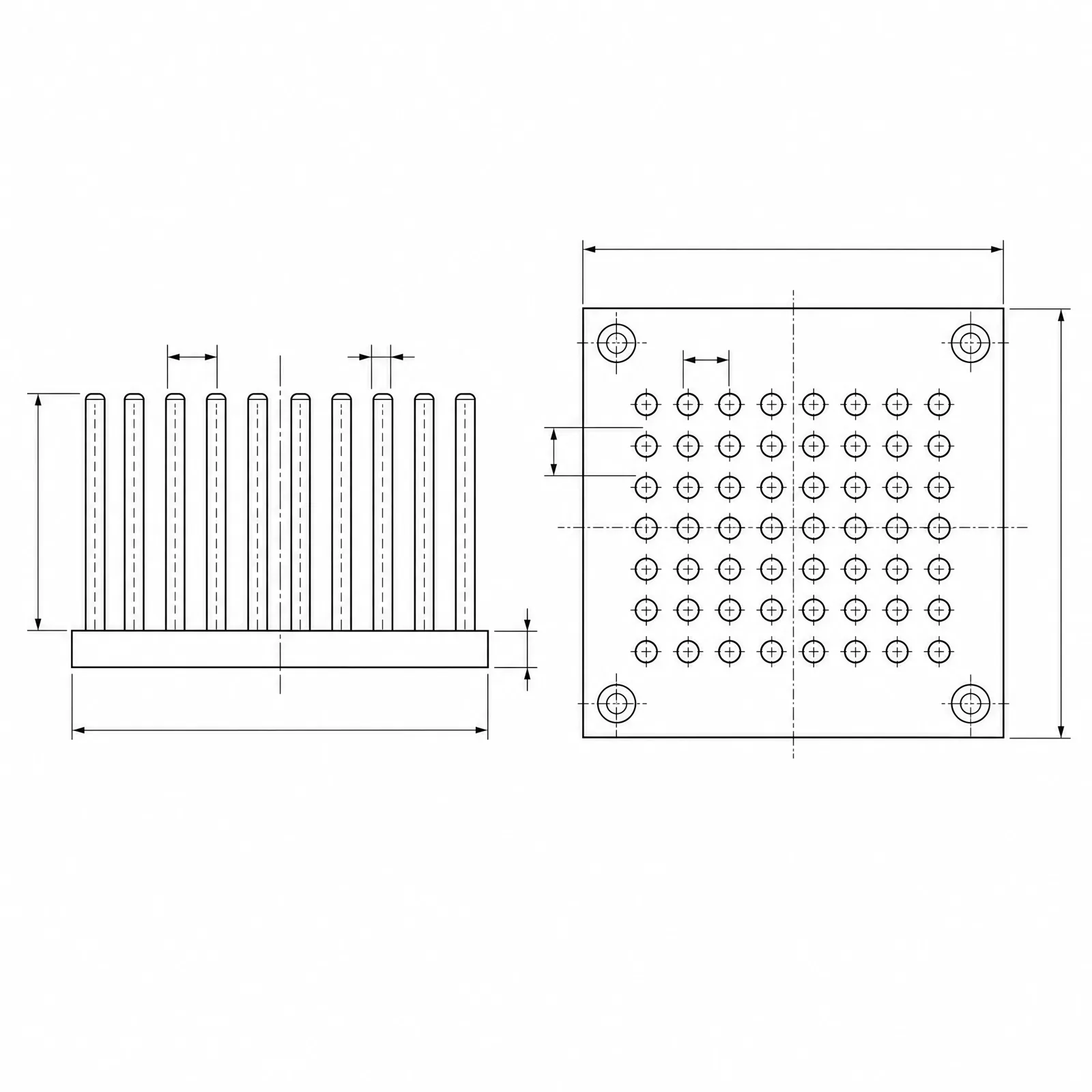 Orthographic CAD drawing of a pin-fin heatsink