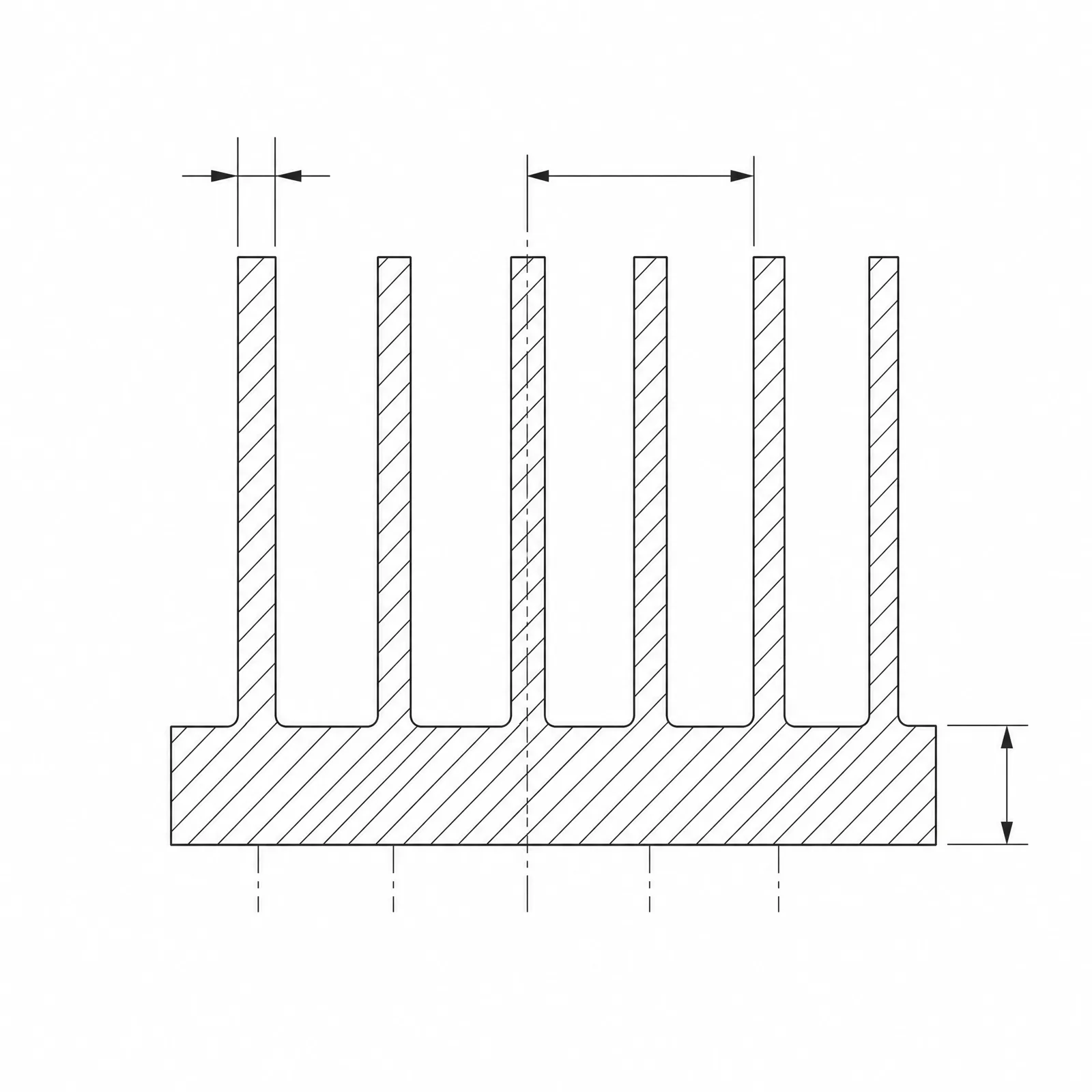 CAD-style section drawing of a bonded-fin heatsink with a heat pipe