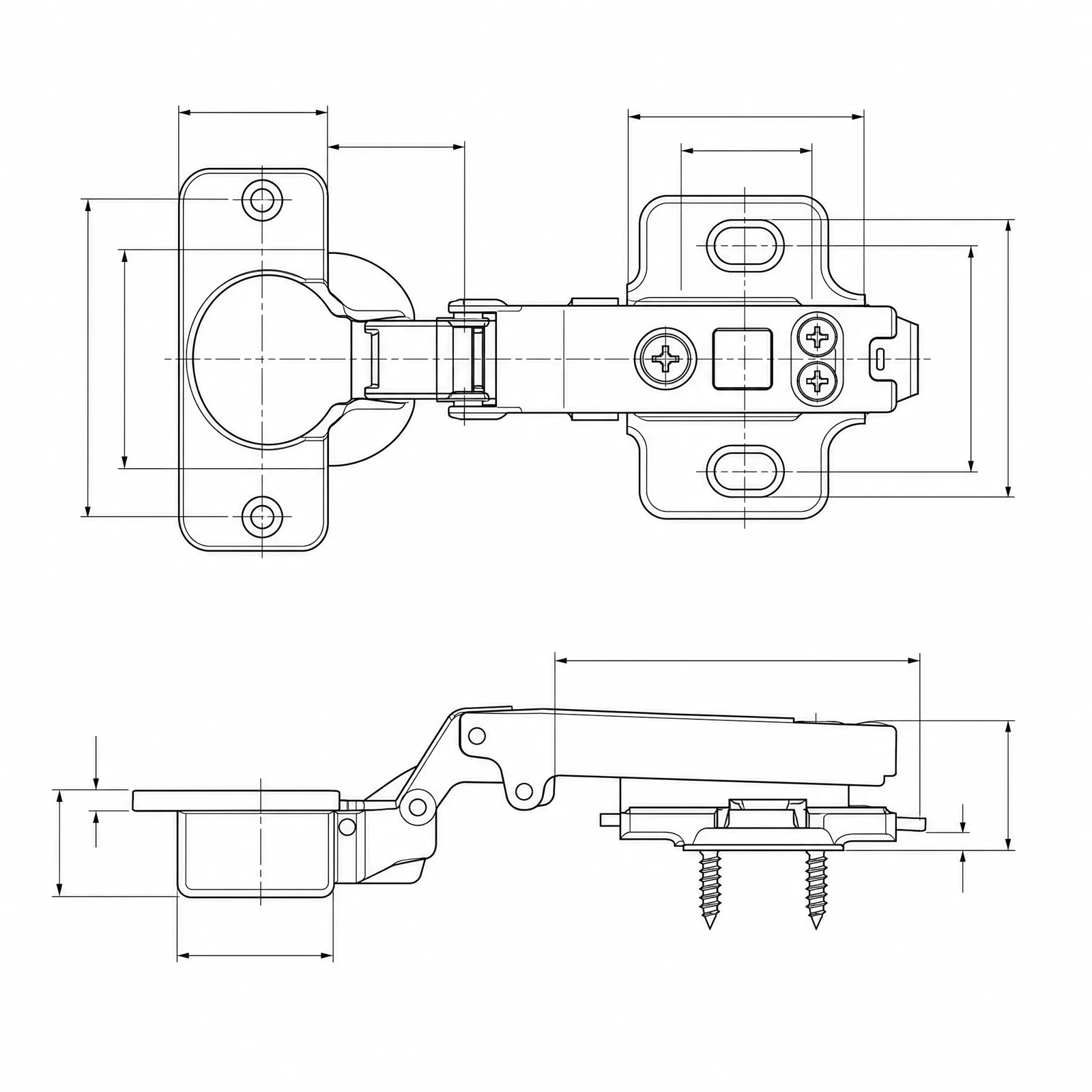 Orthographic CAD drawing of a concealed cabinet hinge