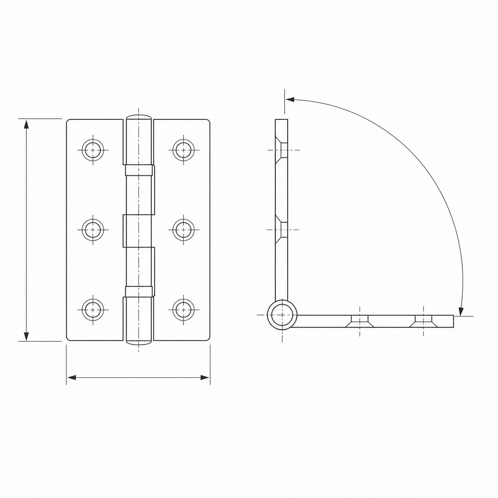 CAD-style drawing of a hinge shown closed and opened to 110 degrees